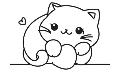 Adorable Kawaii Cat Coloring Page: A Cute Feline Holding a Heart, Perfect for Kids and Cat Lovers