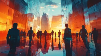 Imaginative concept of business professionals and financial firm staff. A modern interpretation of HR, ERP, and digital innovation in the workplace, blending futuristic visuals with human connections.