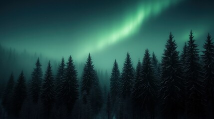 Northern lights illuminate a serene winter forest at night