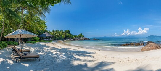 A beautiful tropical beach with white sand, palm trees, and two sun loungers under an umbrella A panoramic view of nature in summertime Generative AI