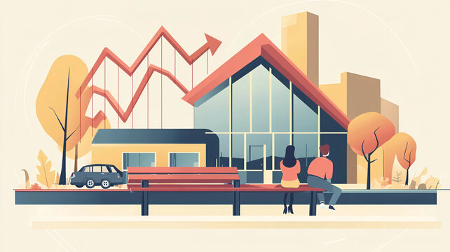 Consumidores sentados observando una inmobiliaria de viviendas con la forma de un gr&aacute;fico de precio que sube. La imagen sugiere que est&aacute;n esperando a que el precio baje.