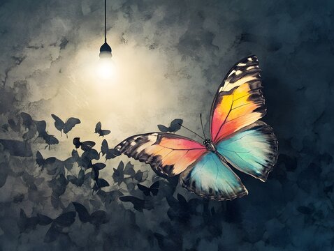 Colorful Butterfly Under a Soft Light Surrounded by Shadows