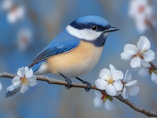 Obraz premium Blue bird perched on a blossoming almond branch