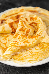 Crepe pancake sweet breakfast or dessert tasty food dish Fresh delicious gourmet food background on the table rustic food top view copy space top view