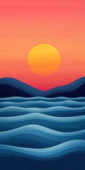 Vibrant sunset over blue waves and rolling hills