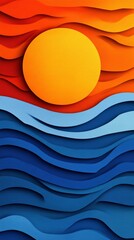 Vibrant sunset over stylized ocean waves in warm colors