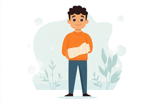 Illustration of a boy with a cast on his arm in an orange sweater, symbolizing recovery and resilience in a playful style