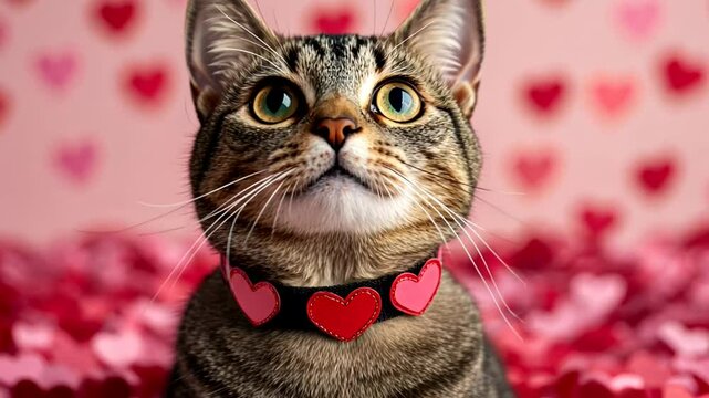 Adorable tabby cat with a heart-themed collar against a backdrop of red hearts, perfect for Valentine's Day and love-themed concepts