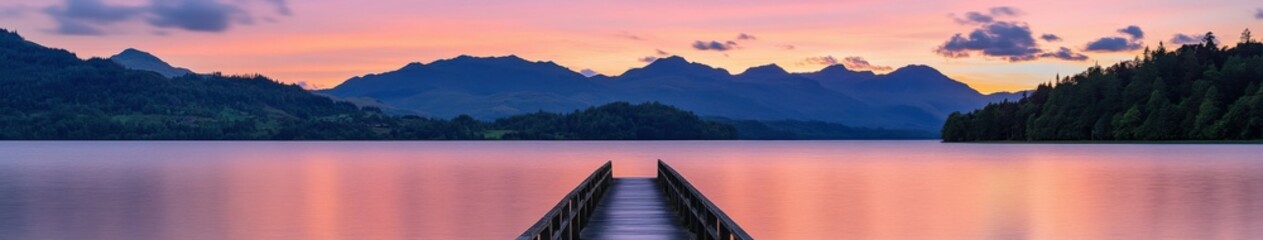 Serene sunset over the lake with a wooden pier in the foreground