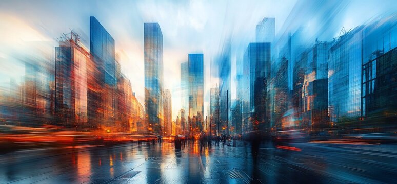 Motion blurred cityscape at sunset, showing skyscrapers, streets, and pedestrians.