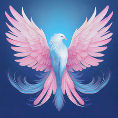 Obraz premium A majestic bird with spread pink and white wings is illustrated against a deep blue background.
