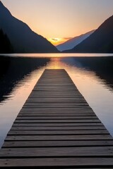 Obraz premium Sunset view from the wooden pier overlooking the lake