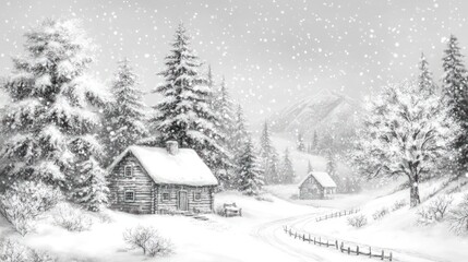 Naklejka premium Snowy cabins, winter wonderland, snow falling.