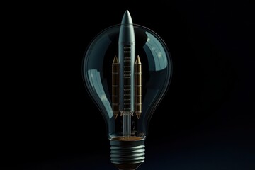 3D model of a rocket ship inside a light bulb, symbolizing pioneering exploration, against a cosmic black background.