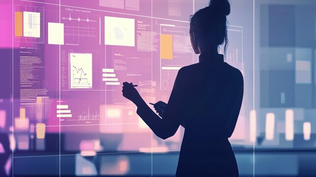 Woman writing on a glass board in a high-tech office. A female leader jotting down ideas and strategies on a glass board during a collaborative business meeting.