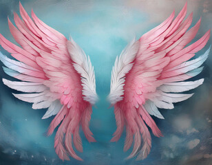 Obraz premium A pair of wings in white and pink hues is displayed against a turquoise blue background.