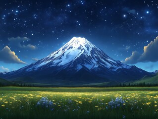 Fototapeta premium Majestic Snowcapped Mountain Under Starlit Night Sky