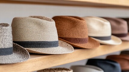 Stylish Straw Hats Collection on Wooden Shelf Fashion Accessories