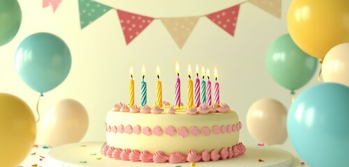 A birthday cake with bright candles, fun balloons, and pennant garlands on a creamy ivory background.