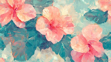 A painting of pink flowers with blue leaves