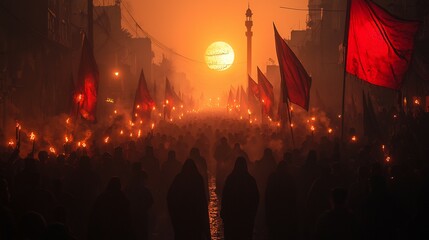 An emotional image of Somber Ashura procession reflecting a deep feelings of sorrow, and moaning on the martyrdom