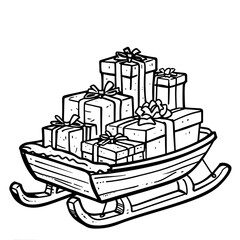 Naklejka premium Winter sleigh filled with gift boxes, black and white, coloring