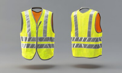  Realistic 3D vector mockup of a safety vest, with fluorescent green material, reflective stripes, and a zip. Ideal for traffic or worker uniforms 
