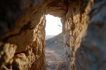 Sunlight filters through ancient red rock formations, casting glowing amber hues in a mysterious and enchanting passageway.