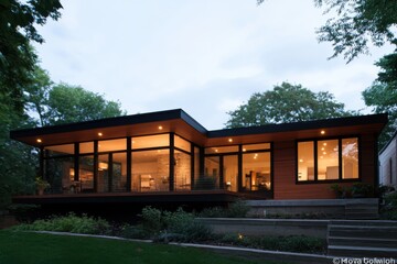 Fototapeta premium A modern house with expansive windows glows warmly from within, nestled among trees, showcasing sleek architecture and inviting interior light.
