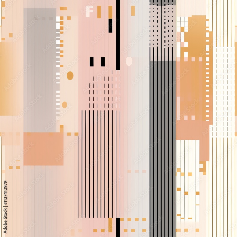 Poster minimalistic pattern design featuring repeating stripes and dots in two complementary colors