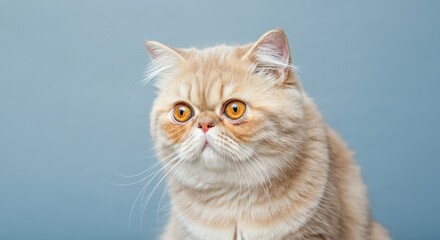 Fototapeta premium Adorable persian cat with striking orange eyes against a blue background