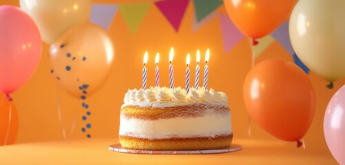 A bright birthday cake with lit candles, surrounded by balloons and cheerful pennants on a soft orange background.