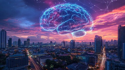 City skyline at sunset with digital brain overlay representing technology and innovation