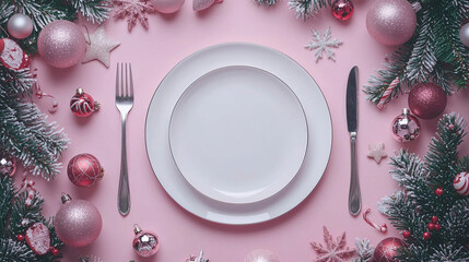 Festive Pink Christmas Table Setting. Christmas Banner Dinner Table Setting Frame With Empty Plat