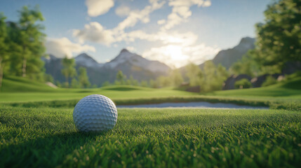 Golf ball on a green field with mountains in the background