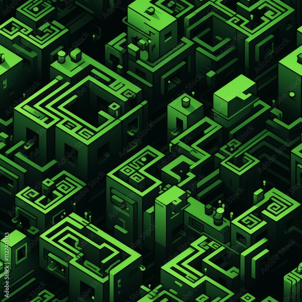 Poster exploring abstract shapes in light green textures and overlapping molecular patterns