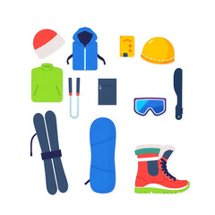 Winter Sports Essentials: A colorful flat design illustration showcasing a comprehensive set of winter sports equipment, perfect for skiing, snowboarding, and other winter activities.  