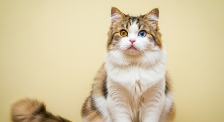 Adorable heterochromatic cat with striking multicolored eyes against a soft yellow background