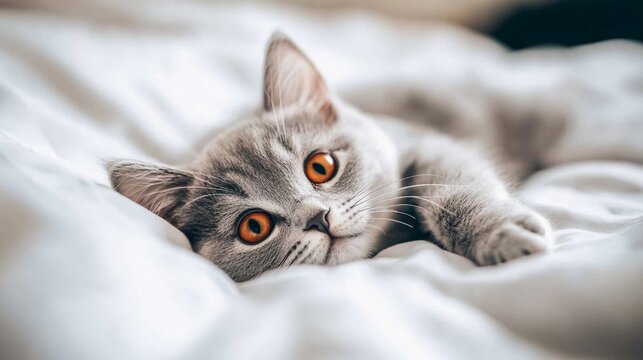 Playful gray cat resting on a soft, white blanket while looking curiously at the camera