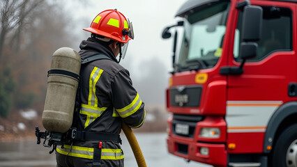 Naklejka premium A firefighter holding a hose and standing near a red fire truck, with a cloudy background.