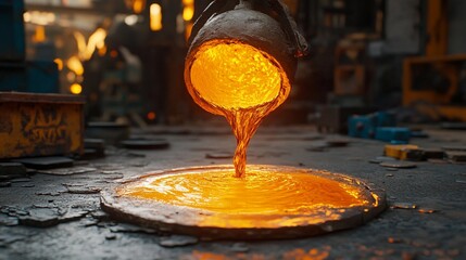 Molten metal pouring into a mold in a metalworking facility during daylight hours