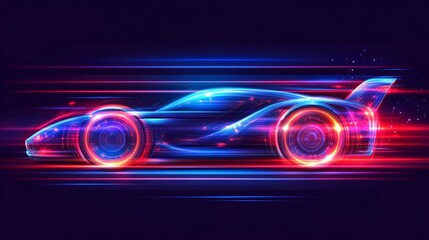 Fast racing car with neon glow creates a dynamic motion effect at night