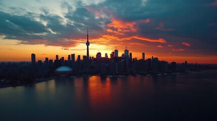 Fototapeta premium Dramatic sunset over city skyline reflected in water.