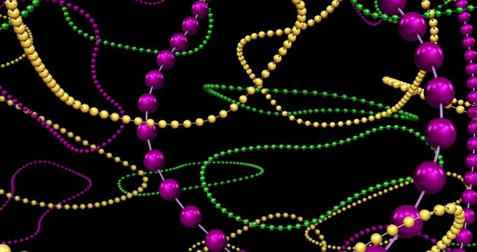 Falling Mardi Gras beads over a transparent background. 3D render.