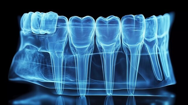 Detailed dental X-ray showing human teeth and roots with clear clarity and contrast