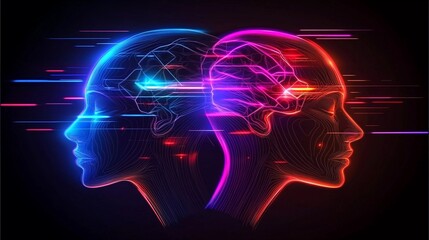 Neon silhouettes of human heads with glowing brain patterns in vivid colors