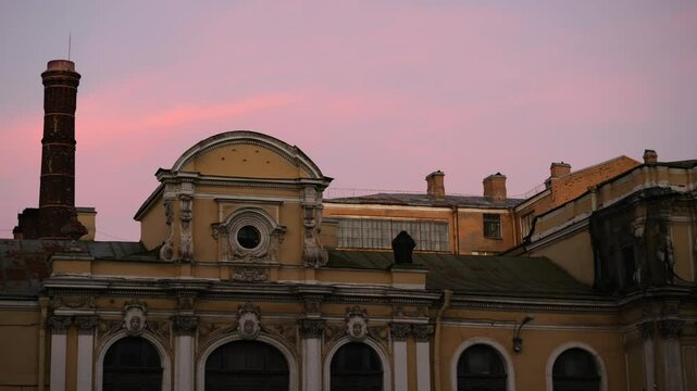 View of complex of historical buildings in the center of St. Petersburg in a state of disrepair, bounded by the Fontanka River embankment, Solyanoy Lane, Pestelya and Gangutskaya streets, Russia