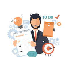 Businessman holding a document with to-do list. To-do list concept. Flat vector design.