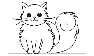 Cartoon cat with a fish and a mouse, cute and funny kitten character, black and white illustration of a domestic feline with a tail and a smile, isolated on a white background