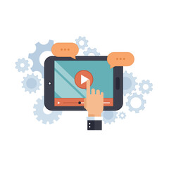 Video on tablet icon. Concept for mobile applications and media marketing. Concept for on line education and web tutorials. Flat vector illustration